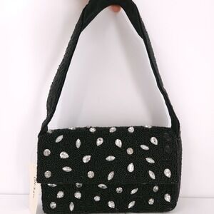 On 34th Hand Beeded Shoulder Handbag Black Embellish Rhinestone Snap READ